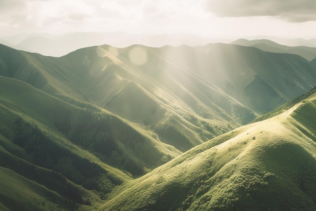 Beautiful sunrise over the green mountains in morning light with fluffy clouds on a bright blue sky Nature freshness concept