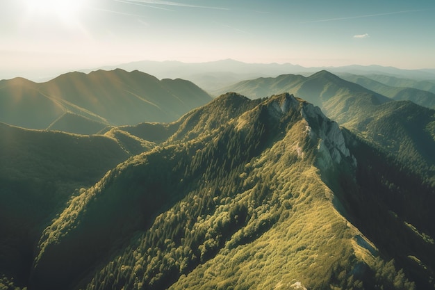 Beautiful sunrise over the green mountains in morning light with fluffy clouds on a bright blue sky Nature freshness concept