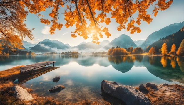 a beautiful sunrise over a lake with mountains and a dock