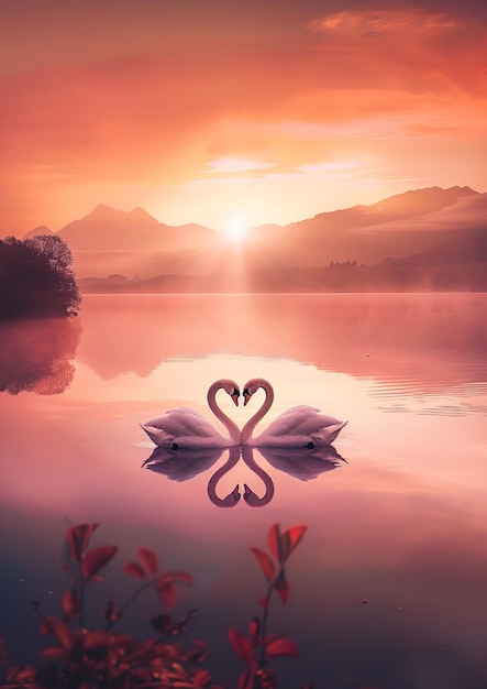 Beautiful sunrise over lake with swans in love Romantic landscape