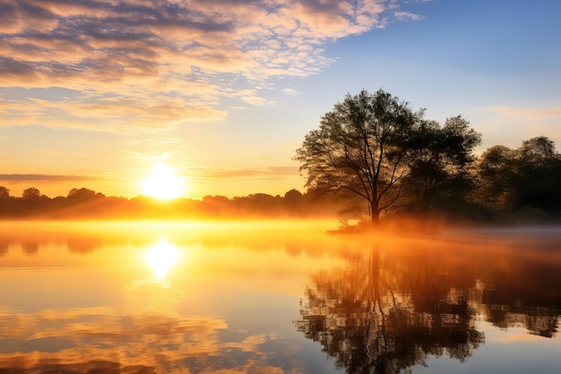 Beautiful sunrise over the lake with a tree reflected in the water