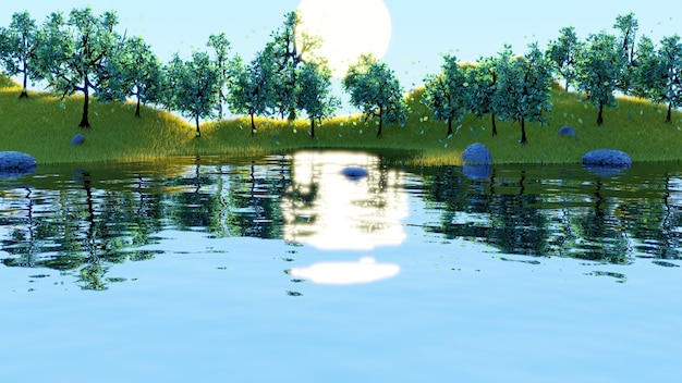 写真 3dレンダリングで緑の木々と黄色い草と美しい日の出風景湖の反射