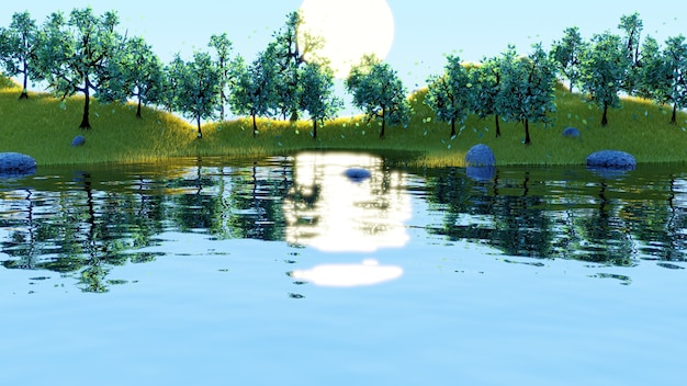 Photo beautiful sunrise landscape lake reflection with green trees and yellow grasses in 3d render