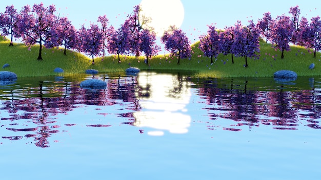 3Dレンダリングでピンクの木と黄色い草と美しい日の出風景湖の反射