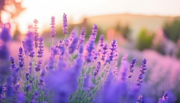 Beautiful sunrise lavender flowers Romantic love sunset sunlight blurred floral meadow field