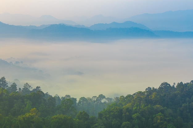 Beautiful sunrise at misty morning mountains