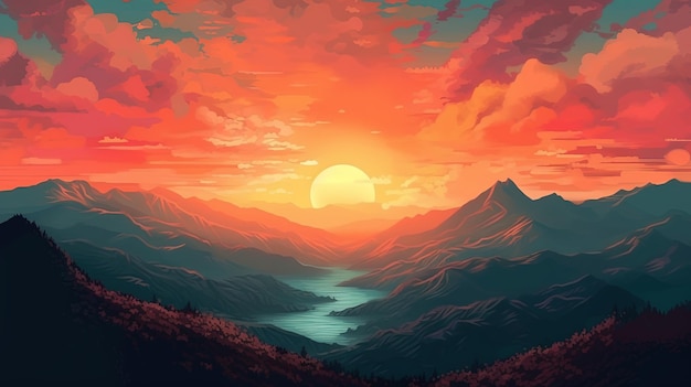 A beautiful sunrise over a misty mountain range Fantasy concept Illustration painting Generative Ai