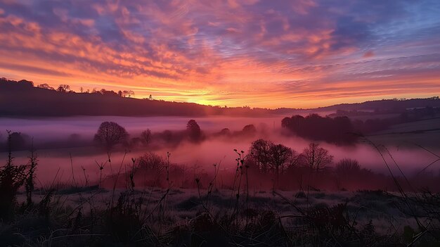 Photo a beautiful sunrise over a misty valley