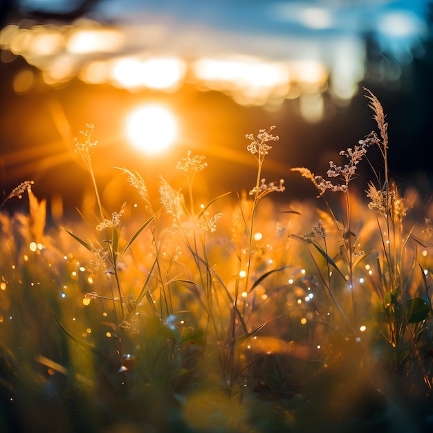 Beautiful sunrise in the mountain Meadow landscape refreshment with sunshine and golden grass