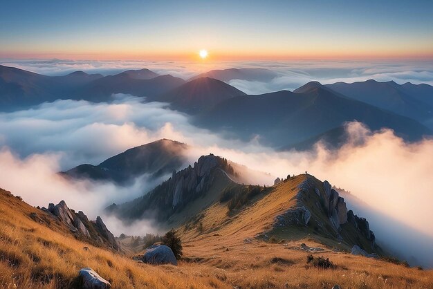 パノラマの下の白い霧の山の美しい日の出