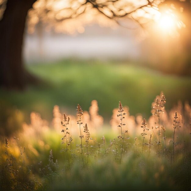 A beautiful sunrise over a peaceful meadow with golden rays illuminating the landscape