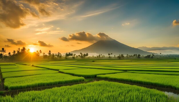 a beautiful sunrise over a rice field