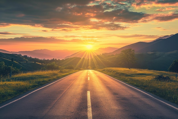 Beautiful sunrise over a scenic road