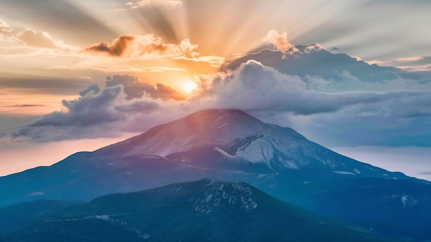 Photo beautiful sunrise over top of the mountain lovcen at montenegro