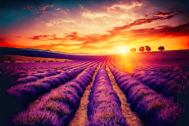 Beautiful sunrise over vast blooming lavanda field