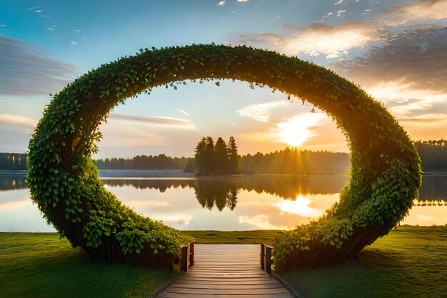 A beautiful sunrise with a bridge over a lake