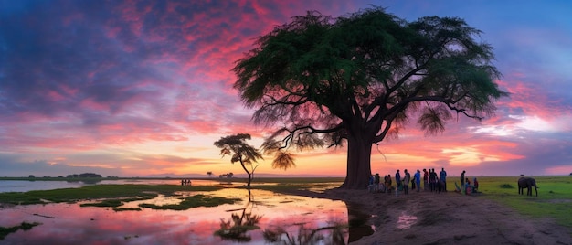 Beautiful sunrise with elephants under a tree in amboseli national park kenya