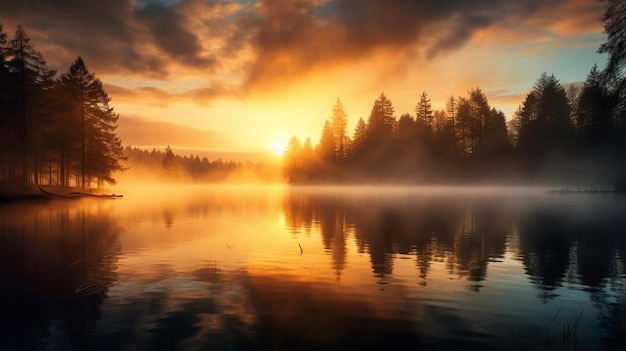 a beautiful sunrise with a lake and trees in the foreground.