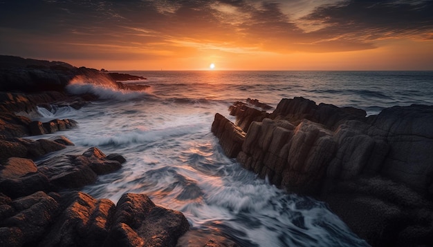 Красивый восход солнца со скалами на переднем плане, океаном и солнцем на заднем плане