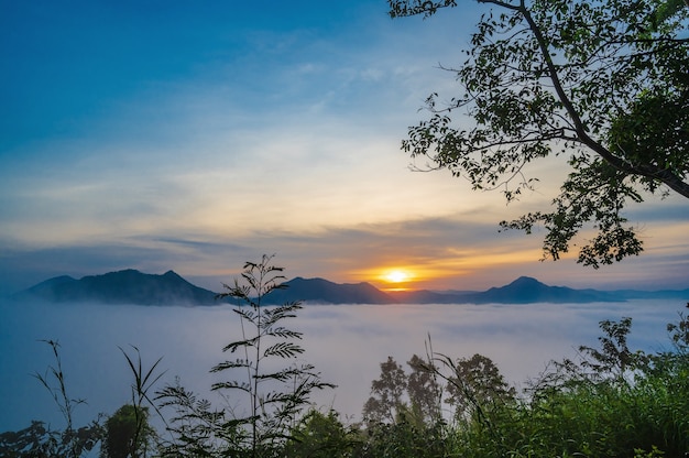 Phu thok chiang khan地区レオイ市タイの早朝の霧の海と美しい日の出。chiangkhanは旧市街であり、タイの観光客に非常に人気のある目的地です。