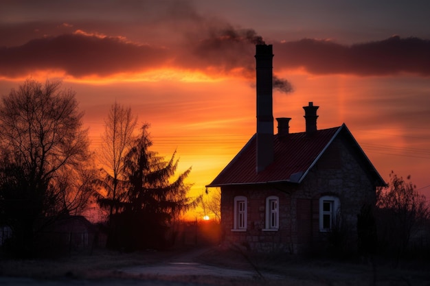 生成 AI で作成された煙突のある家のシルエットを背景にした美しい夕日