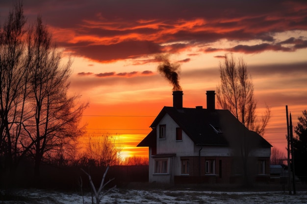 Beautiful sunset against the silhouette of a house with a chimney created with generative ai