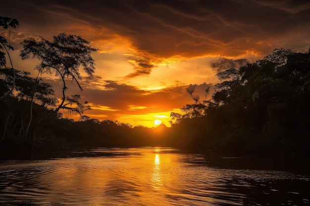 Beautiful sunset over the amazonian rainforest