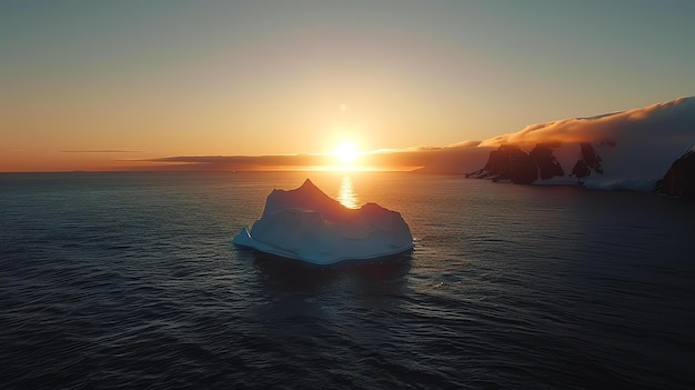 A beautiful sunset over the Antarctic ocean An iceberg floats in the foreground while the sun sets behind it