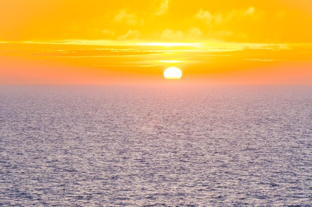 Beautiful sunset in the atlantic ocean with orange sky and blue ocean somewhere in faroe islands