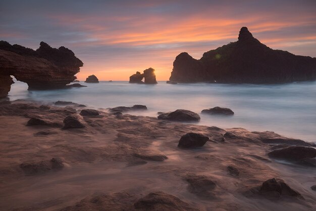 Beautiful sunset at the beach in Bali Indonesia Long exposure