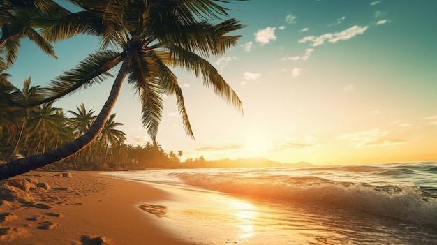 Beautiful sunset on the beach with palm tree Seychellesgenerative ai