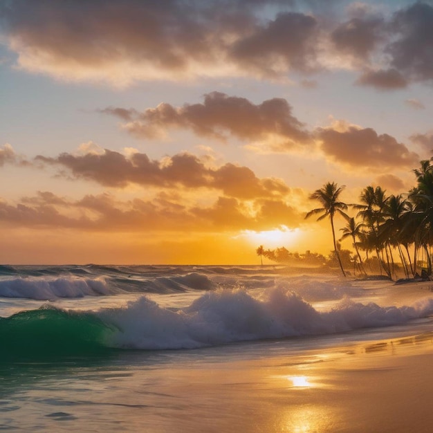 Beautiful sunset on the beach with palm trees and waves in the foreground