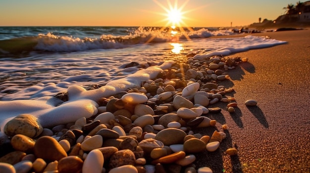 Красивый закат на пляже с ракушками и камнями