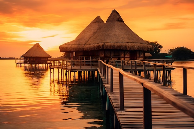 Beautiful sunset on the beach with wooden jetty