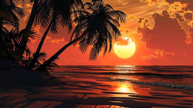 Photo a beautiful sunset at beachside with palm trees