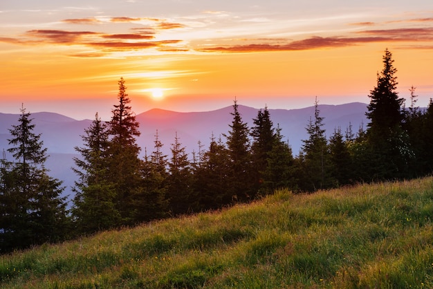 Beautiful sunset in the Carpathian Mountains Ukraine.