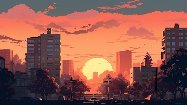 Красивый закат над городским парком цифровая художественная иллюстрация