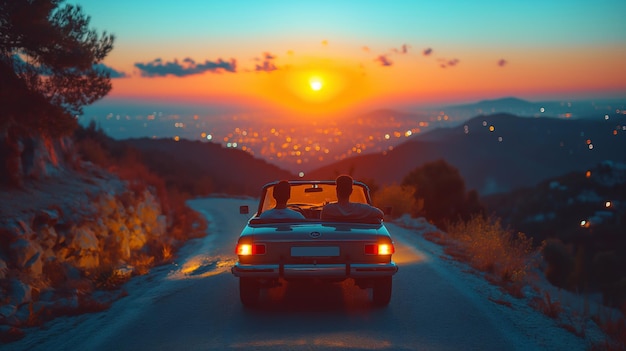 Photo beautiful sunset over the city with a couple in a convertible car generative ai art