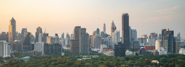 Beautiful sunset cityscape and highrise buildings in metropolis city center