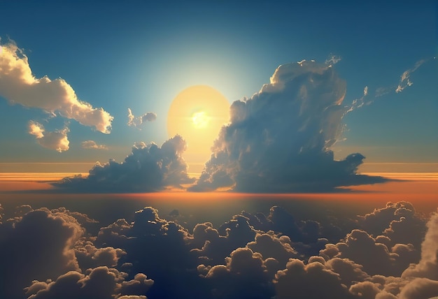 Beautiful sunset above clouds with rays of light