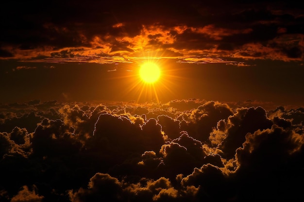 Beautiful sunset above the clouds with sun rays Natural background