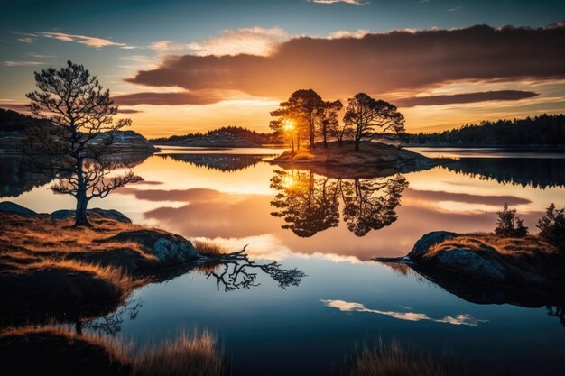 Foto bellissimo tramonto sulla costa di un lago in un paesaggio naturale