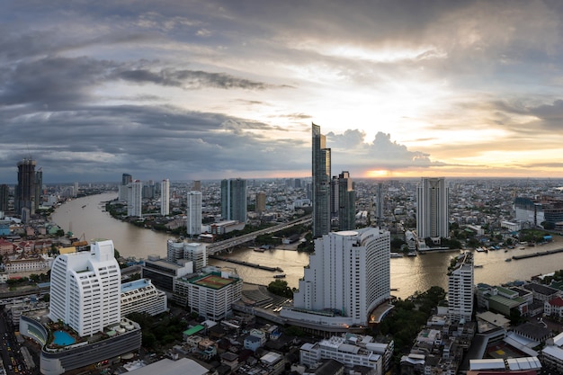 Beautiful sunset curve Chao Phraya River of Bangkok city at night