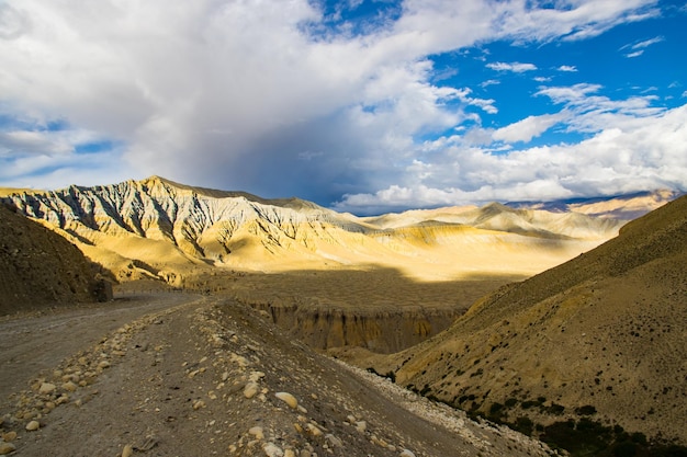 Beautiful Sunset in the Desert Canyon and Green Desert of Ghami Village in Upper Mustang Nepal