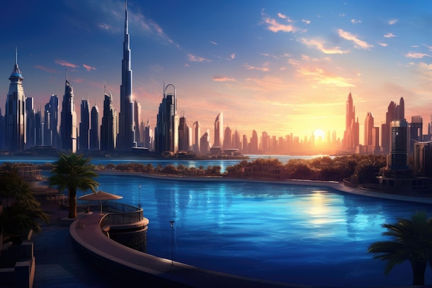 Foto bellissimo tramonto a dubai emirati arabi uniti 3d rendering dubai e il golfo persico la sera ai generato