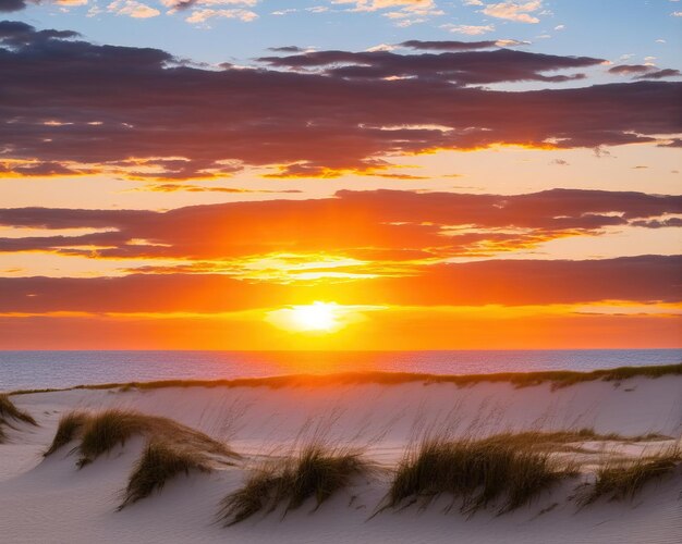 海の島の砂丘に沈む夕日