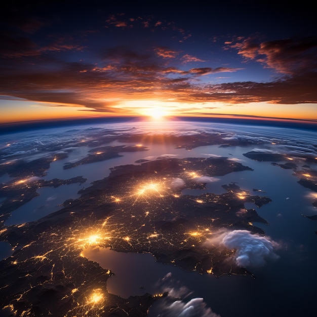 Photo a beautiful sunset over the earth from space showing the british isles