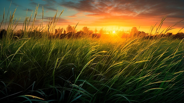 beautiful sunset over the field of the wheat