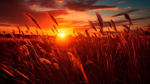 beautiful sunset over the field of the wheat