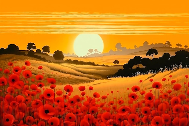 Beautiful sunset in the field with poppies 3d renderingai generated